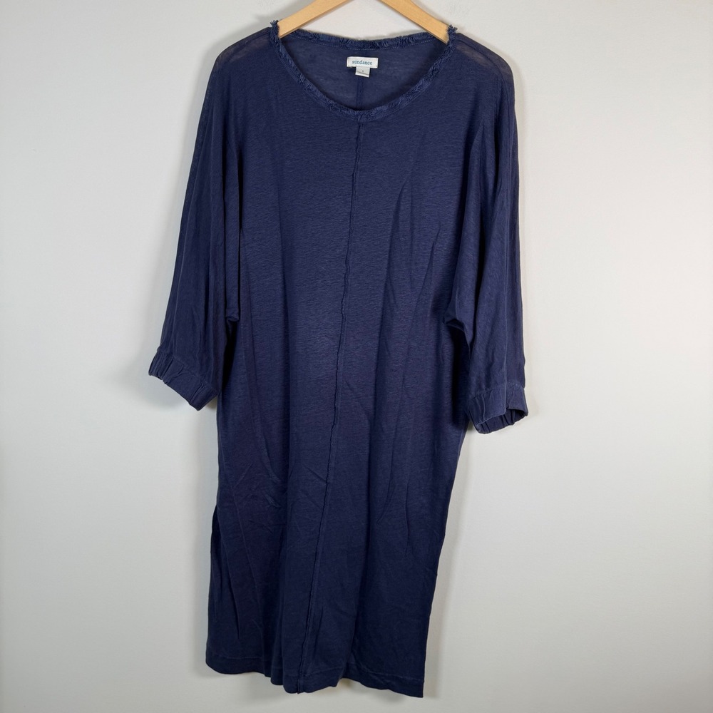 Sundance 100% Linen Tunic Midi Dress Small Fringe‎ Trim 3/4 Sleeve Exposed Seam